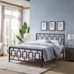 Claudia grid iron bed frame, queen size metal bed with modern grid design